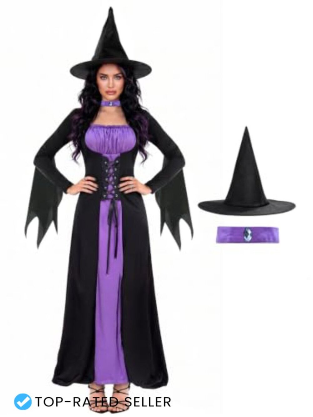 Witch Costume Adult Halloween Dress Hat Choker Gothic Cosplay